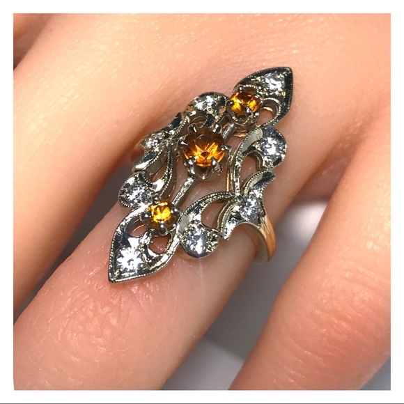 14KT GENUINE 1910’S EDWARDIAN HEAVY DIAMOND & CITRINE ANTIQUE NAVETTE RING - Picture 11 of 11